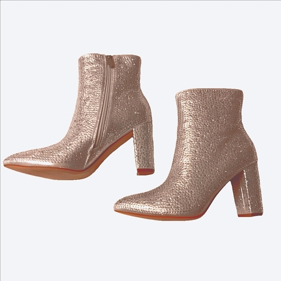 DREAM PAIRS Silver Rhinestone Chunky Heel Ankle Booties Pointed Toe Short Boots - Picture 9 of 11